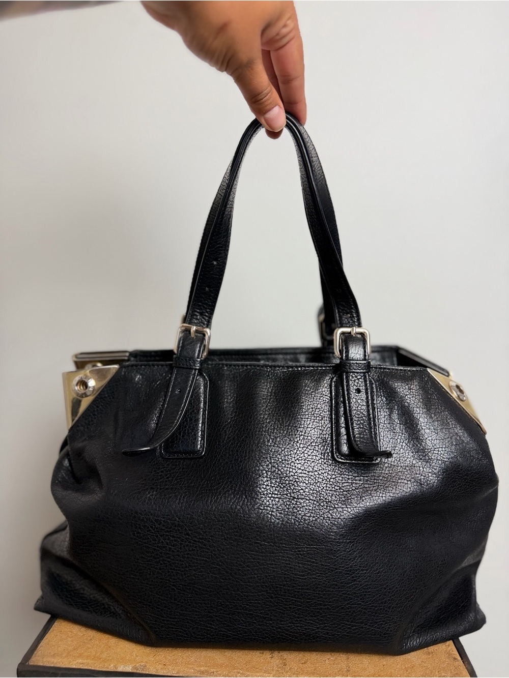Henri Bendel Black Leather Satchel Bag Gold Hardware Pink Lining